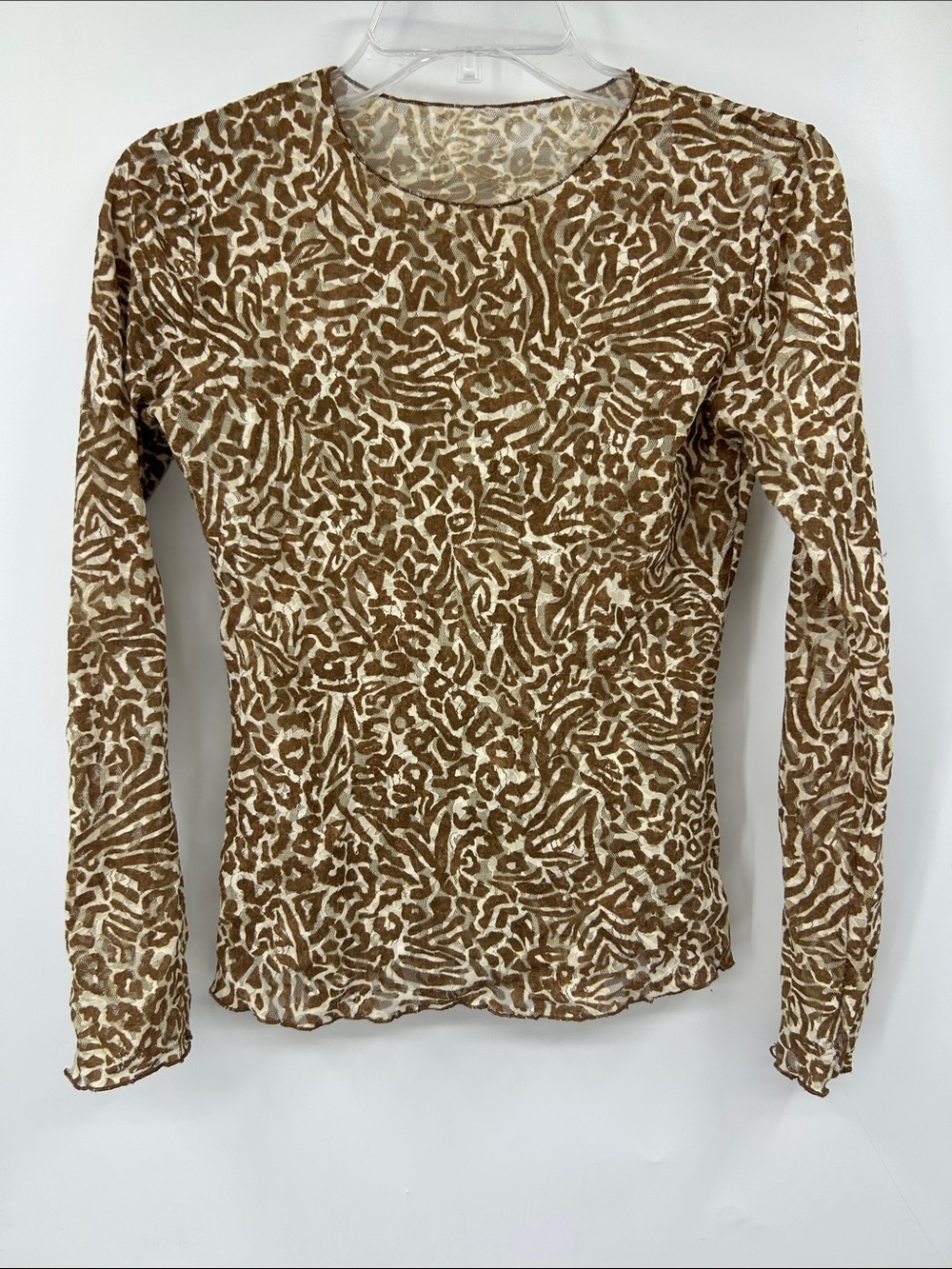 Vintage Hanky Panky Y2K Sheer Stretch Top Animal Print Lettuce Hem Brown Small